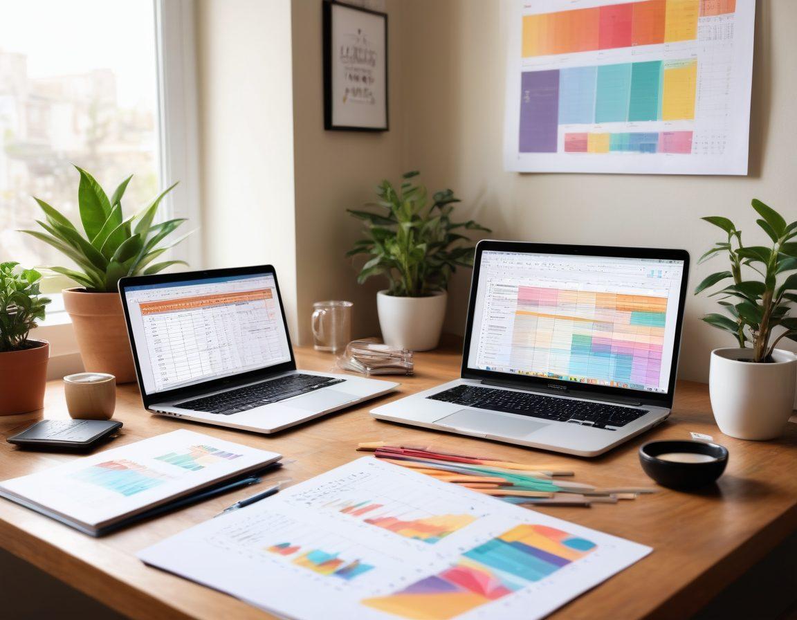 A serene workspace featuring a wooden desk with a laptop open to a budgeting spreadsheet, surrounded by colorful charts and graphs. Include a coffee cup and a small plant for a touch of warmth. In the background, a vision board filled with financial goals and credit repair tips. Soft natural lighting pouring in from a nearby window, suggesting clarity and optimism. super-realistic. vibrant colors.
