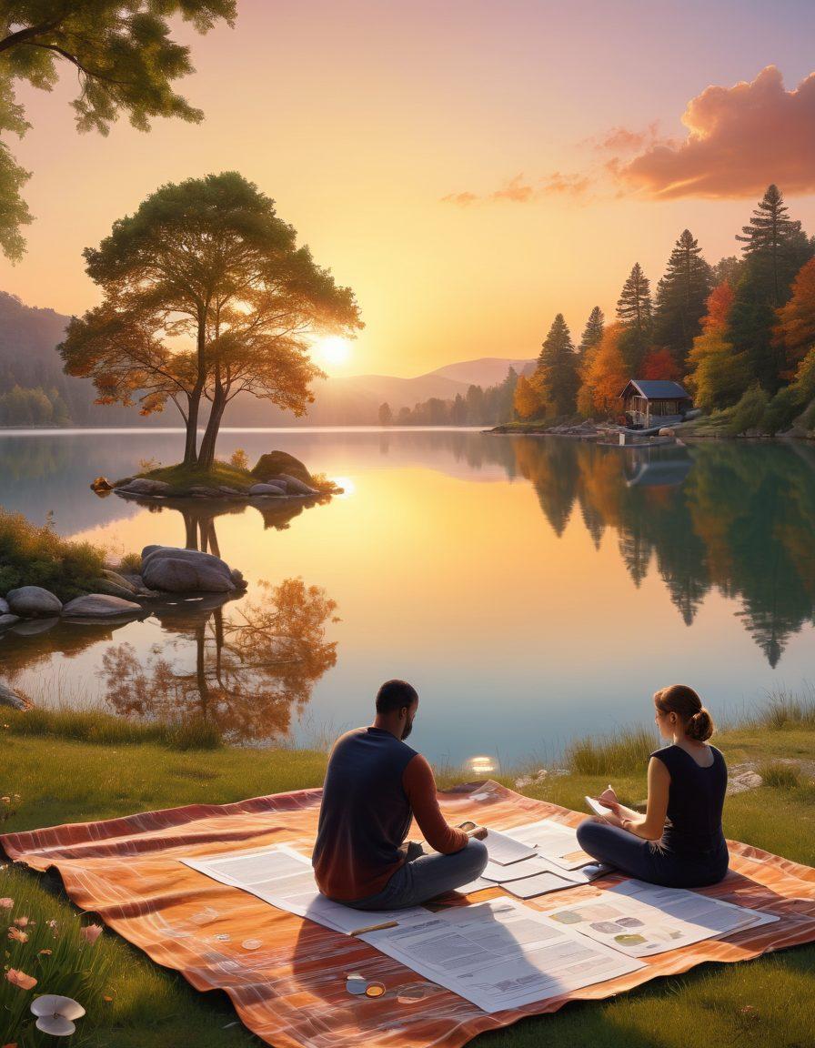 A serene landscape depicting a sunrise over a calm lake, symbolizing new beginnings and financial freedom. In the foreground, a diverse group of people thoughtfully reviewing financial documents and planning their budgets on picnic blankets. Surrounding them are symbols of debt-free living, like coins, a mortgage-free house, and a flourishing tree representing growth. The color palette is warm and inviting, conveying a sense of hope and empowerment. super-realistic. vibrant colors. 3D.