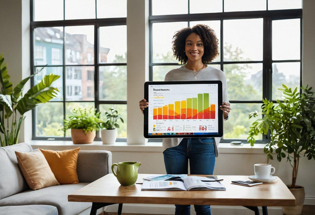 A person standing confidently in a modern living room, surrounded by digital financial tools and budgeting apps displayed on a sleek tablet. A colorful chart depicting their growing savings sits on a coffee table, emphasizing the transformation of their spending habits. The background features green plants symbolizing growth and independence. Bright sunlight filters through large windows, creating an uplifting atmosphere. super-realistic. vibrant colors.